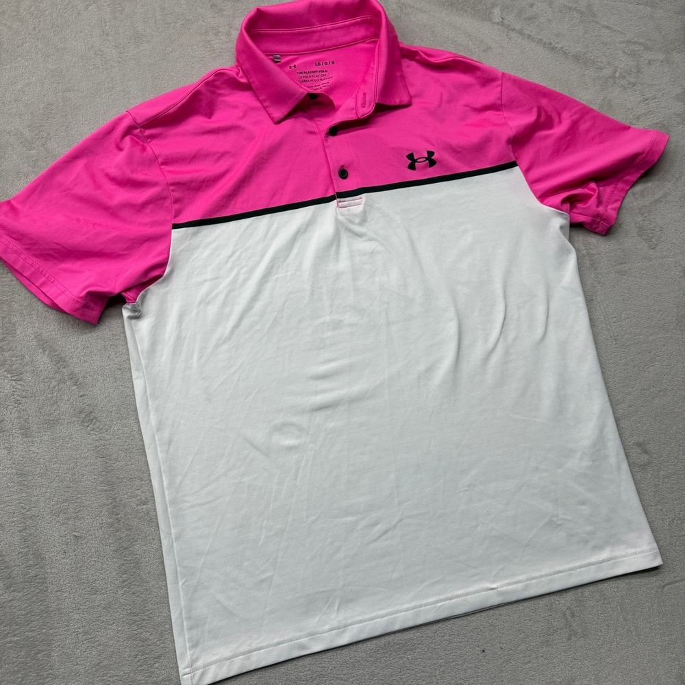 Under Armour The Playoff Polo Shirt Mens Large Pink White Colorblock HeatGear